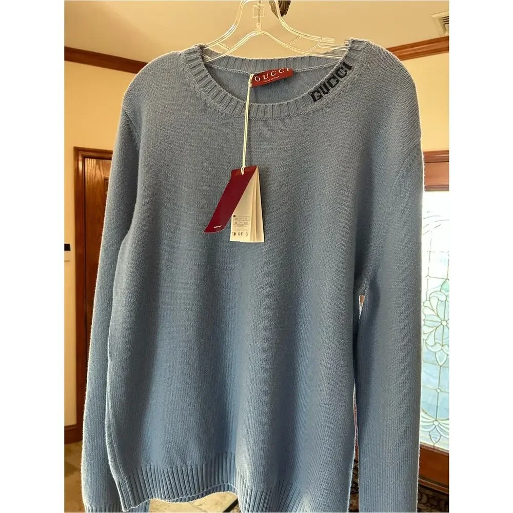 Men's Gucci Light Blue Men's felted wool knit Crewneck Sweater size XXXL Italy